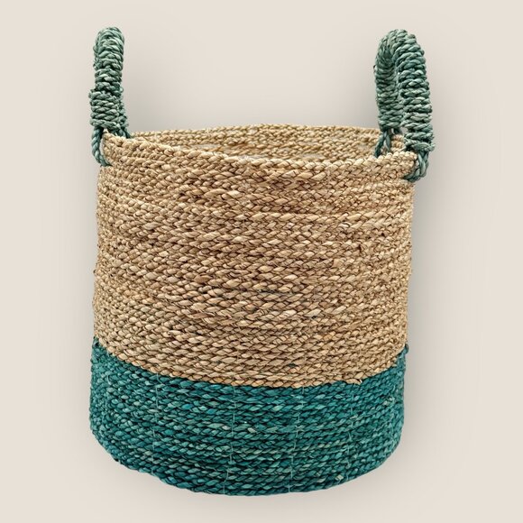 Woven Seagrass 10 in Basket With Handles Natural and Teal Two-Tone Boho Design - Picture 1 of 6